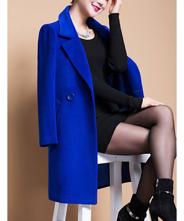 Women's Plus Size Coat,Solid Shirt Collar Long Sleeve Winter Blue / Black / Yellow Wool / Others Thick