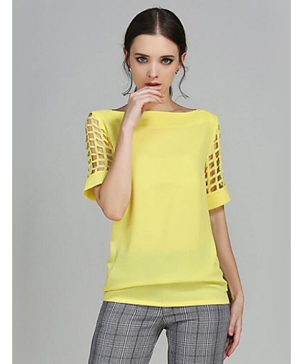 Women's Solid Yellow Blouse,Boat Neck Short Sleeve