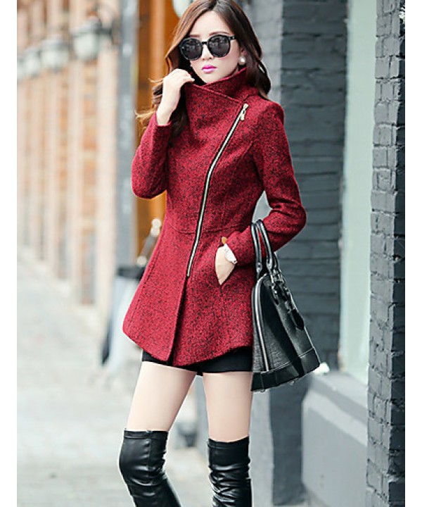 Women's Coat,Solid Long Sleeve Winter Red / Gray Wool / Others Thick