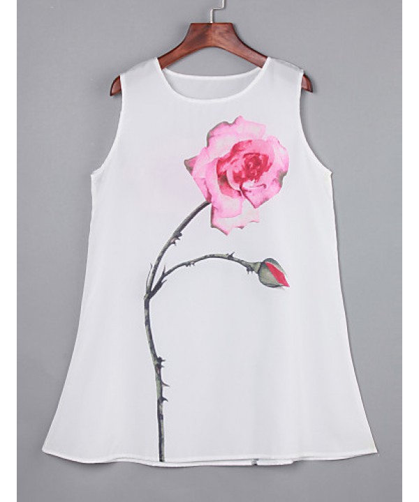 Women's Simple / Street chic Loose Dress,Floral Round Neck Above Knee Sleeveless White Polyester Summer