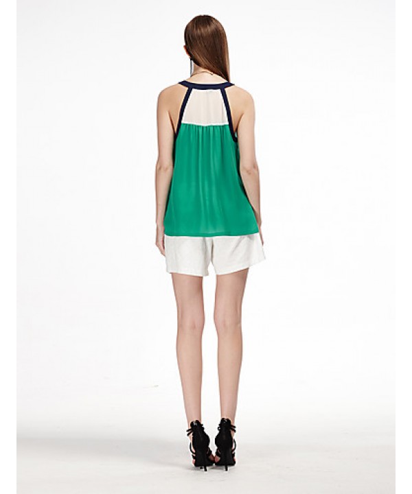 Women's Casual/Daily Simple Summer Tank Top,Patchwork Off Shoulder Sleeveless Green Polyester Thin