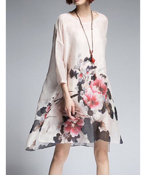 Women's Vintage Floral Loose Dress,Round Neck...