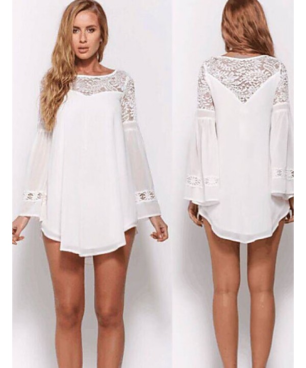 Women's Party/Cocktail Loose Dress Round Neck Mini Long Sleeve White Cotton Fall