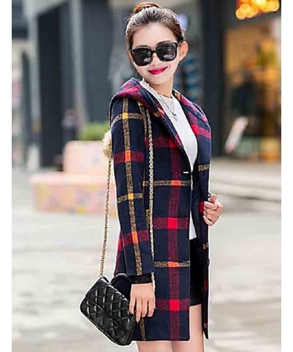 Women's Going out Cute Preppy Style Coat,Plaid Hooded Long Sleeve Winter Blue