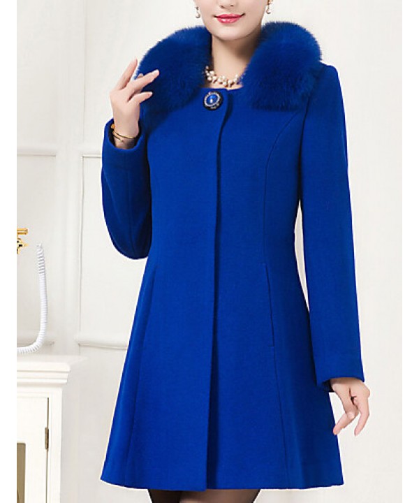 Women's Plus Size Coat,Solid Shirt Collar Long Sleeve Winter Blue / Black Wool / Others Thick