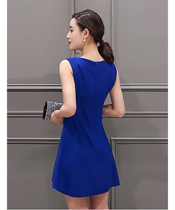 Women's Simple Solid A Line Dress,Round Neck Mini Polyester