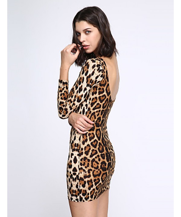 Women's Club Sexy Bodycon Dress,Leopard U Neck Mini Long Sleeve Brown Cotton / Modal / Spandex Summer Mid Rise Stretchy Opaque / Thin