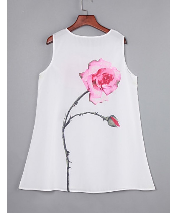 Women's Simple / Street chic Loose Dress,Floral Round Neck Above Knee Sleeveless White Polyester Summer