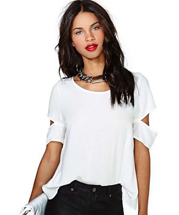 Women's Sexy Casual Cute Plus Sizes Inelastic Short Sleeve Regular Blouse (Chiffon)