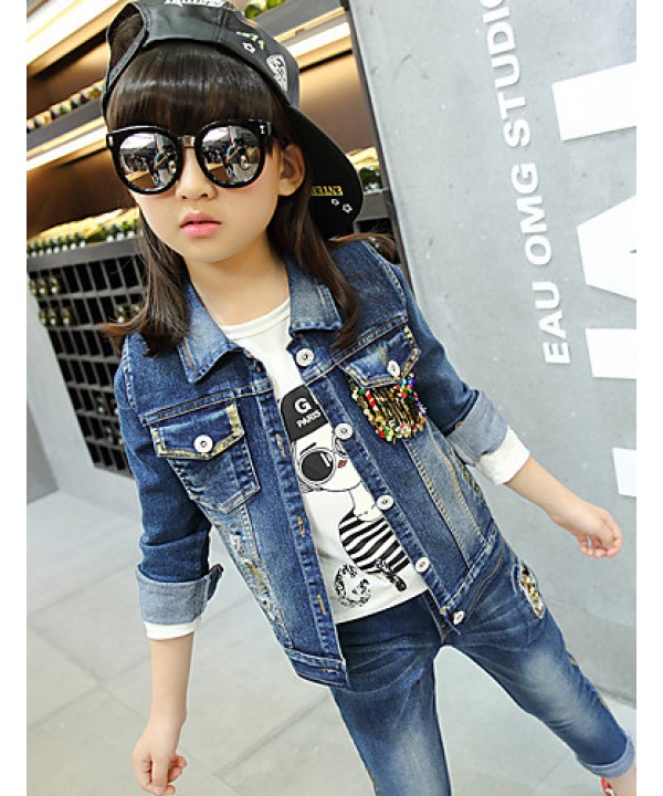 Girl's Cotton Spring/Autumn Casual Patchwork Paillette Cowboy Jacket Denim Coat And Jeans Pants Two-piece Set  