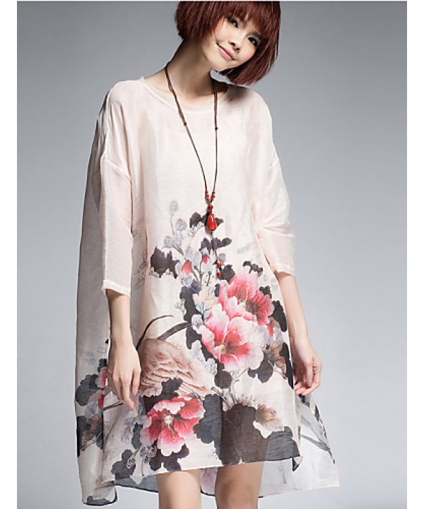 Women's Vintage Floral Loose Dress,Round Neck Asymmetrical Silk / Linen