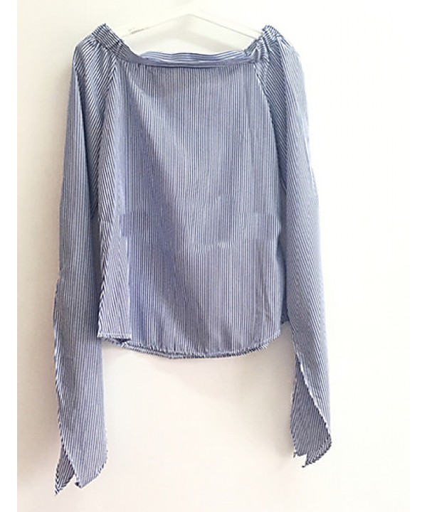 Women's Casual/Daily Sexy / Street chic Summer Blouse,Striped Boat Neck Long Sleeve Blue Cotton Thin