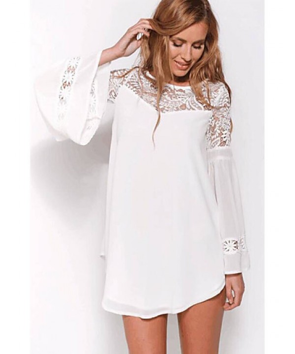 Women's Party/Cocktail Loose Dress Round Neck Mini Long Sleeve White Cotton Fall