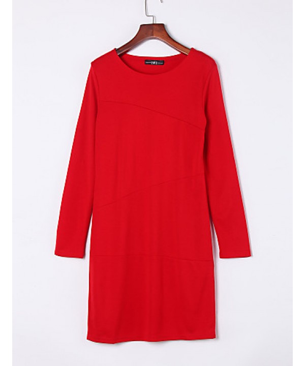 Women's Work / Plus Size Dress,Solid Round Neck Mini Long Sleeve Red / Beige Polyester Summer