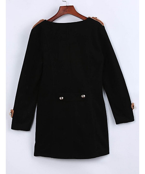 Women's Going out Street chic Coat,Color Block Round Neck Long Sleeve Winter Black / Brown Polyester Thick