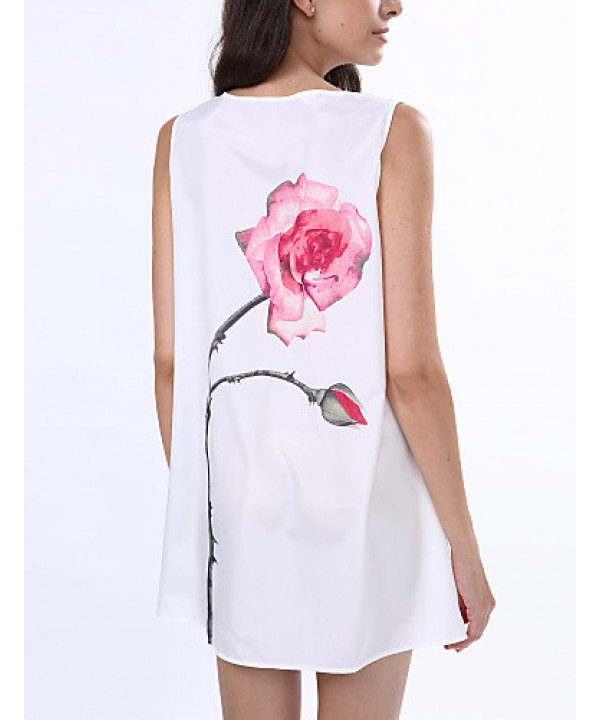 Women's Simple / Street chic Loose Dress,Floral Round Neck Above Knee Sleeveless White Polyester Summer