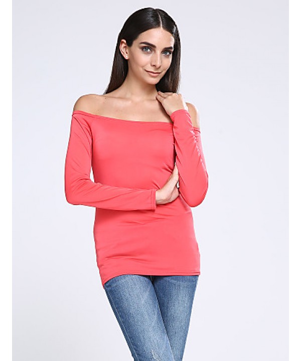 Women's Casual/Daily Simple Fall T-shirt,Solid Boat Neck Long Sleeve Red / White / Black Cotton Opaque