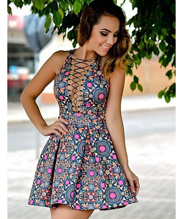 Women's Club Skater Dress,Print V Neck Above ...