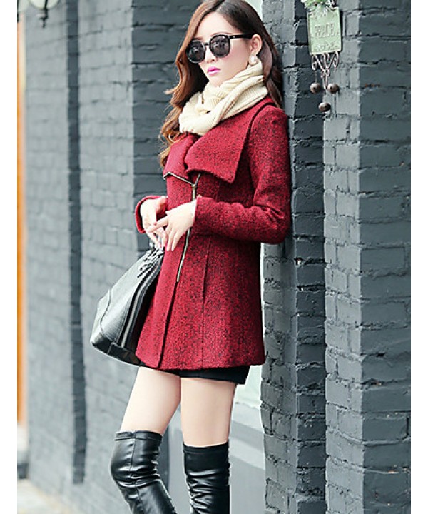 Women's Coat,Solid Long Sleeve Winter Red / Gray Wool / Others Thick