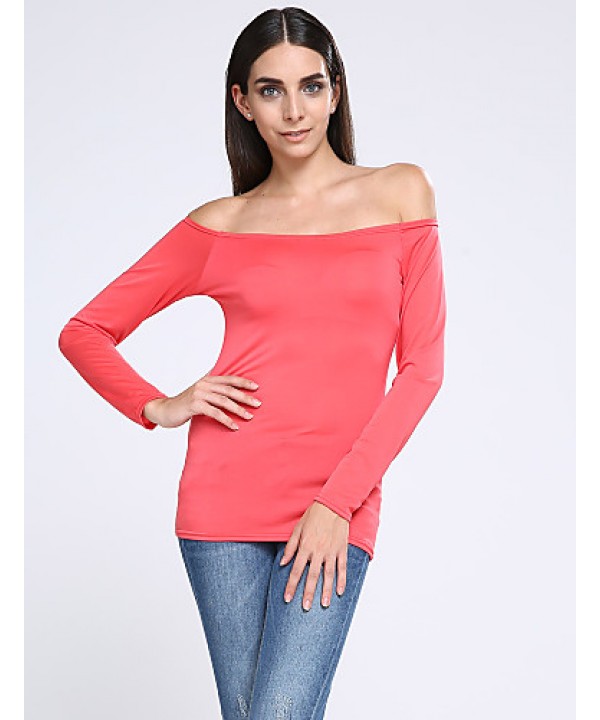 Women's Casual/Daily Simple Fall T-shirt,Solid Boat Neck Long Sleeve Red / White / Black Cotton Opaque