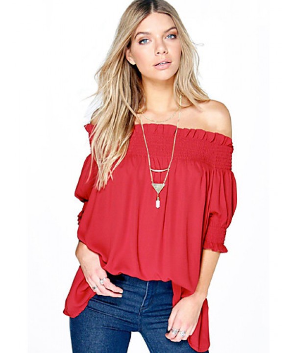 Women's Casual/Daily Sexy / Street chic Spring Blouse,Solid Boat Neck ? Length Sleeve Red / Black / Orange Polyester Thin