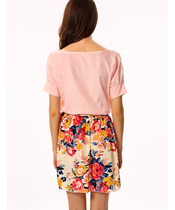 Women's White/Pink Round Flower Print Chiffon Short Sleeve Dress