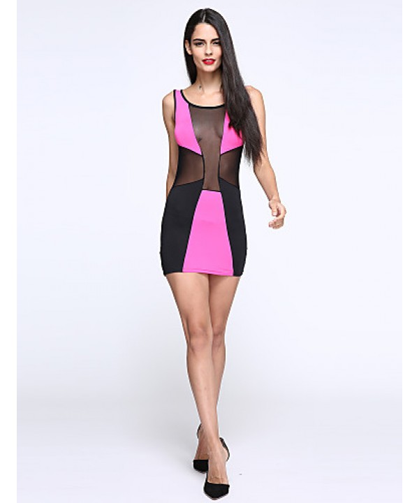 Women's Round Neck Mesh Mini Dress , Cotton/Spandex Blue/Pink/White Sexy/Party