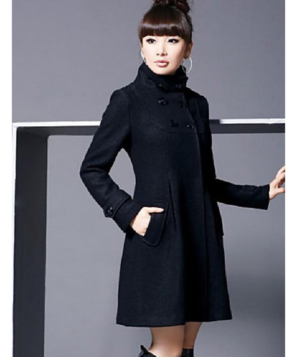 Women's Coat,Solid Long Sleeve Winter Blue / Pink / Black / Gray Wool / Cotton / Others Thick