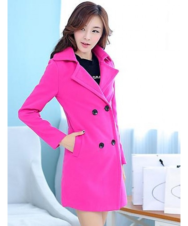 Women's Coat,Solid Long Sleeve Winter Pink / Red / Green Wool Medium