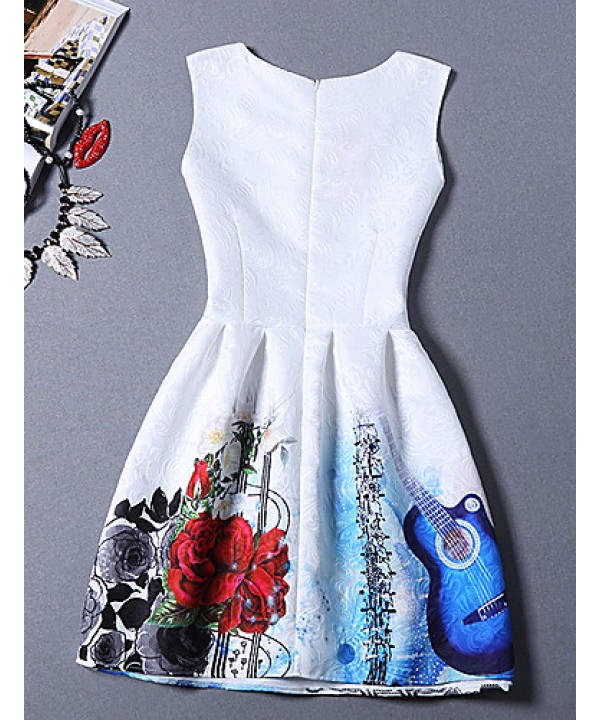 Women's Cute Print A Line Dress,Round Neck Mini Polyester