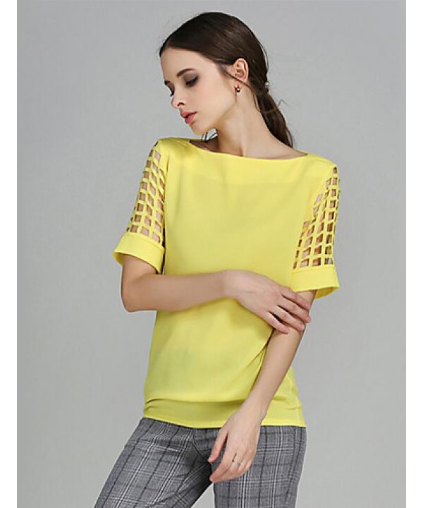 Women's Solid Yellow Blouse,Boat Neck Short Sleeve