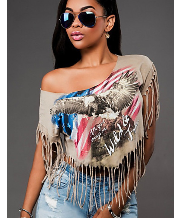 Women's Sexy Print One Shoulder Short Tassel T-shirt/Blouse