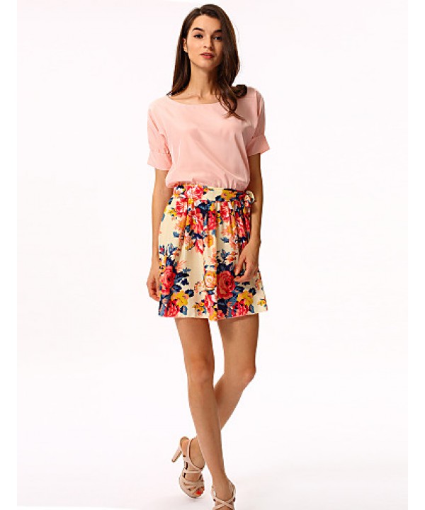 Women's White/Pink Round Flower Print Chiffon Short Sleeve Dress