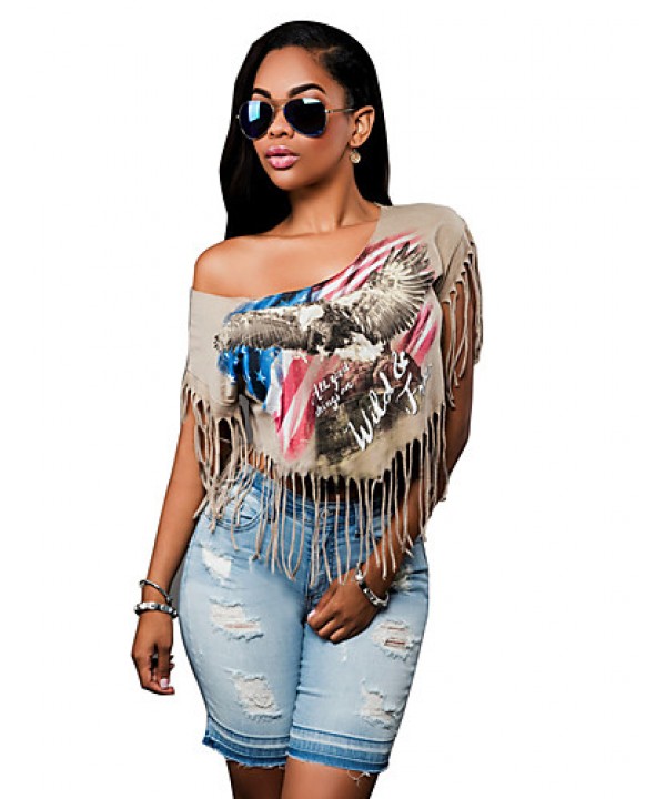 Women's Sexy Print One Shoulder Short Tassel T-shi...