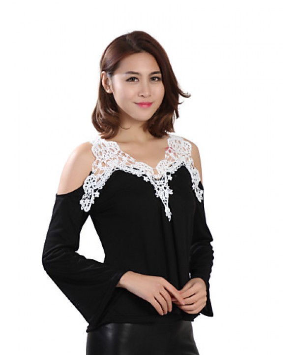 Women's Patchwork Lace Strap Off-The-Shoulder All Match Loose Casual V Neck Long Sleeve Plus Size T-shirt