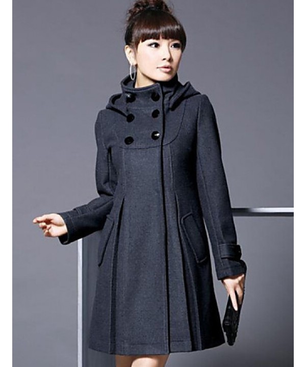 Women's Coat,Solid Long Sleeve Winter Blue / Pink / Black / Gray Wool / Cotton / Others Thick