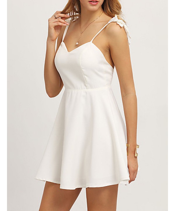 Women's Party/Cocktail Sexy A Line Dress,Solid Strap Mini Sleeveless White / Black Polyester Summer