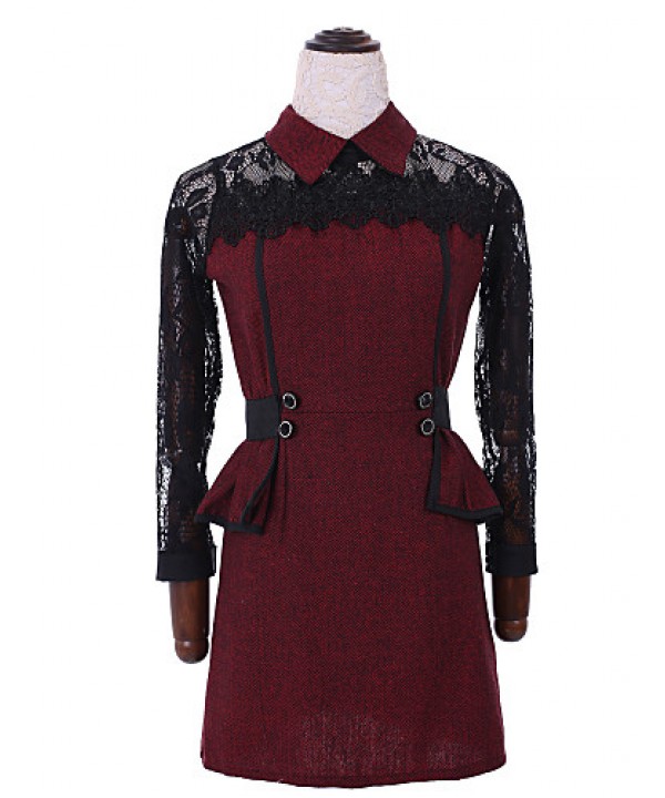 Women's Patchwork Red / Gray Lace Hin Thin Slim Temperament Dress , Work / Plus Sizes Shirt Collar Long Sleeve