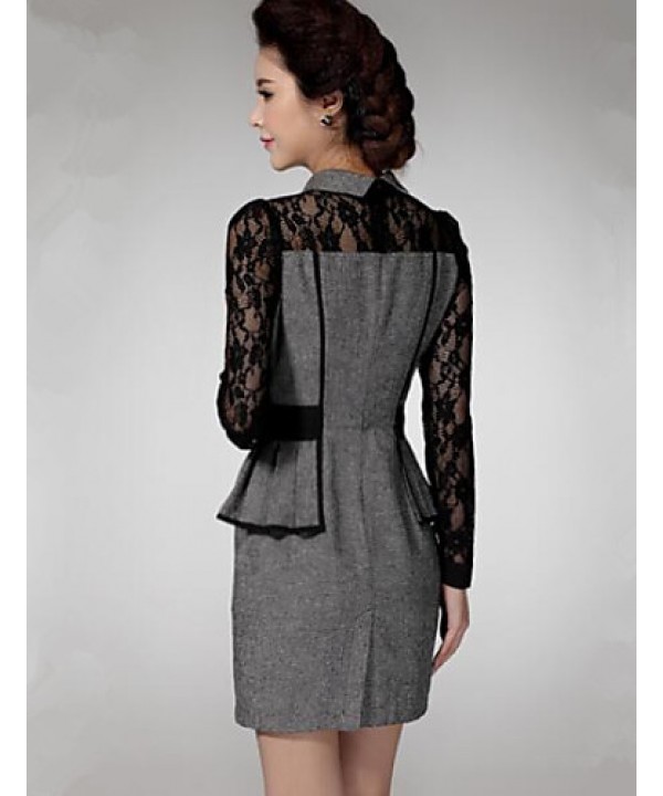 Women's Patchwork Red / Gray Lace Hin Thin Slim Temperament Dress , Work / Plus Sizes Shirt Collar Long Sleeve