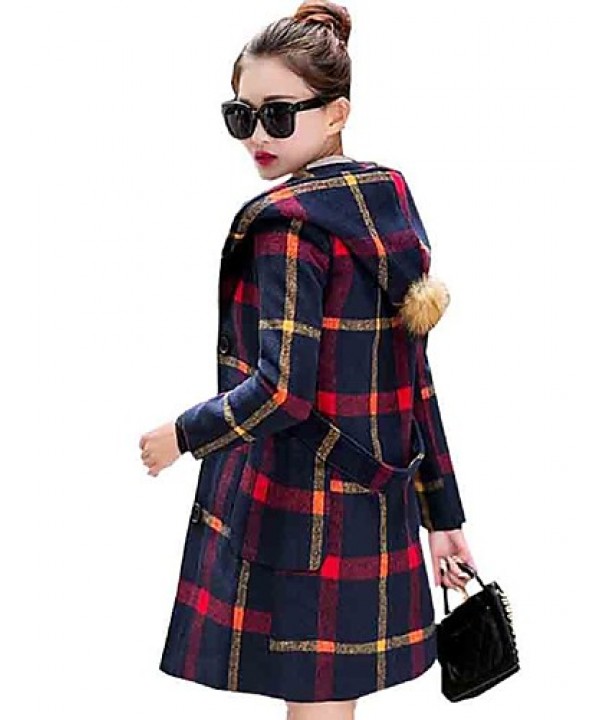 Women's Going out Cute Preppy Style Coat,Plaid Hooded Long Sleeve Winter Blue