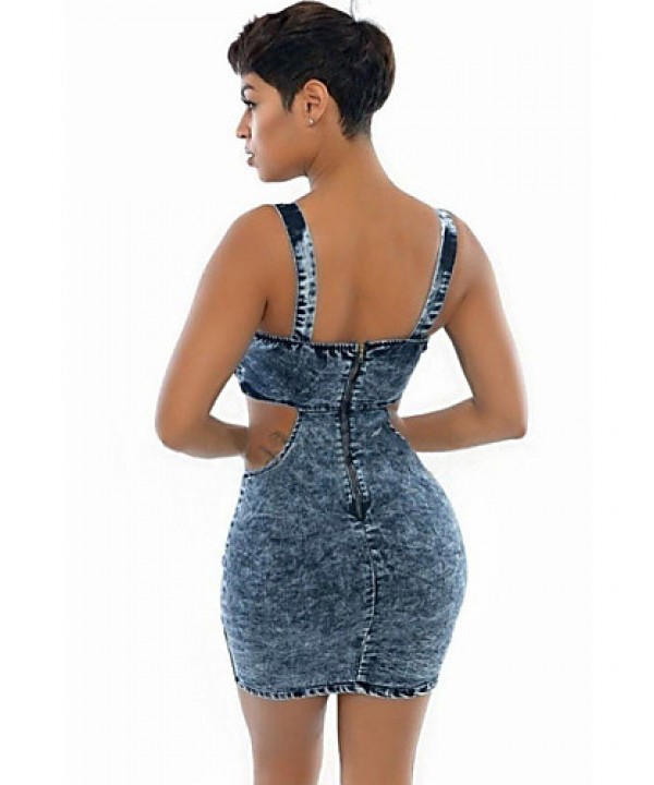 Women'sSexy Cutout Acid Wash Mini Denim Dress