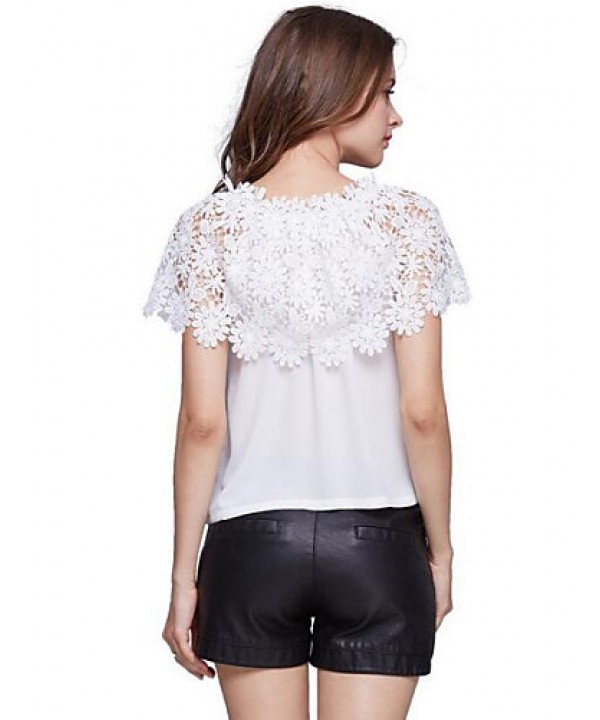 Women's Patchwork Lace All Match Sexy Cut Out T-shirt,Boat Neck Short Sleeve