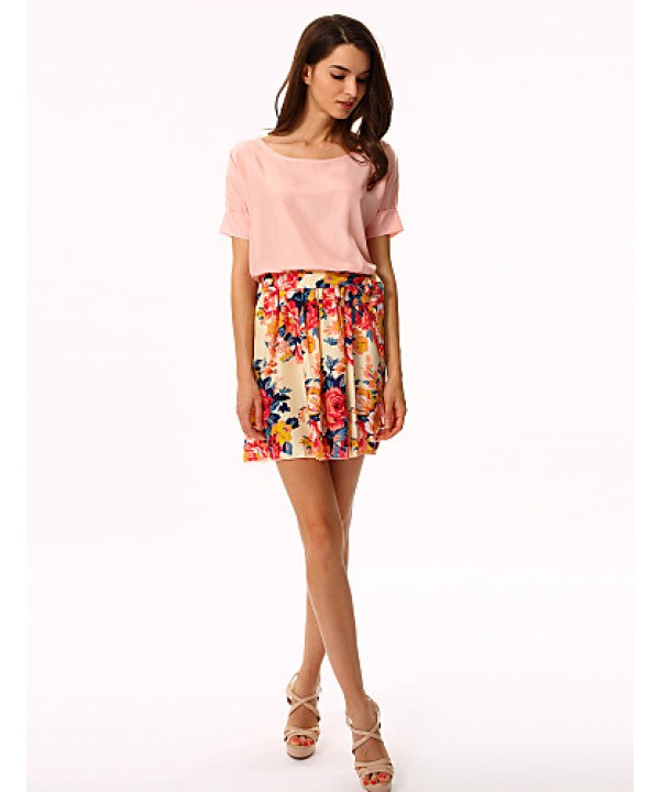 Women's White/Pink Round Flower Print Chiffon Short Sleeve Dress