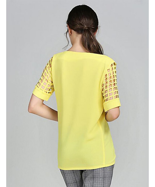 Women's Solid Yellow Blouse,Boat Neck Short Sleeve