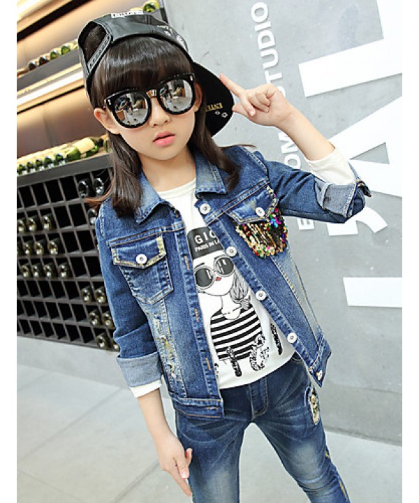 Girl's Cotton Spring/Autumn Casual Patchwork Paillette Cowboy Jacket Denim Coat And Jeans Pants Two-piece Set  