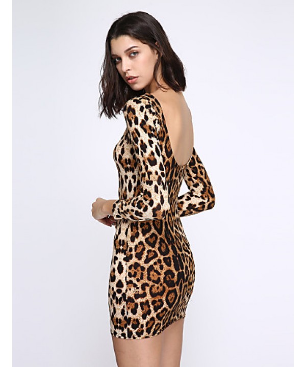 Women's Club Sexy Bodycon Dress,Leopard U Neck Mini Long Sleeve Brown Cotton / Modal / Spandex Summer Mid Rise Stretchy Opaque / Thin