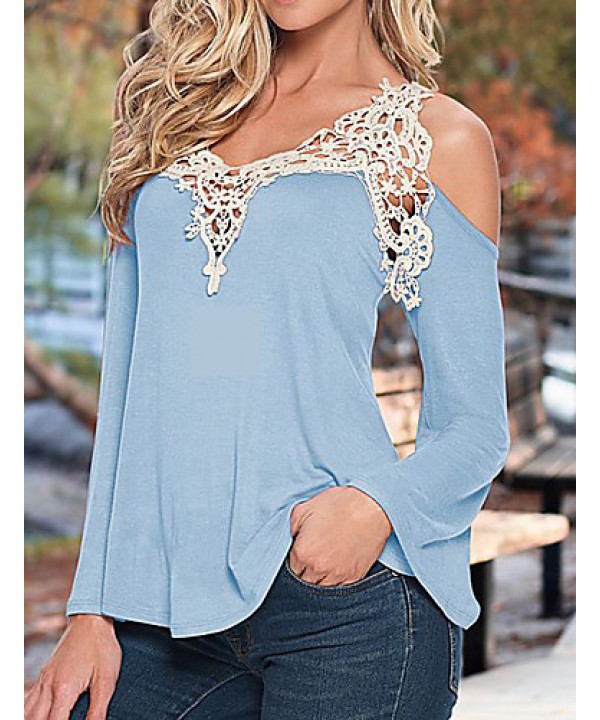 Women's Patchwork Lace Strap Off-The-Shoulder All Match Loose Casual V Neck Long Sleeve Plus Size T-shirt