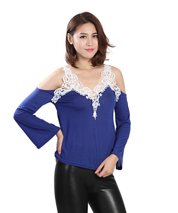 Women's Patchwork Lace Strap Off-The-Shoulder All Match Loose Casual V Neck Long Sleeve Plus Size T-shirt