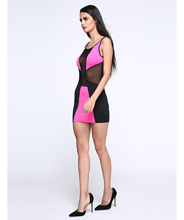 Women's Round Neck Mesh Mini Dress , Cotton/Spandex Blue/Pink/White Sexy/Party