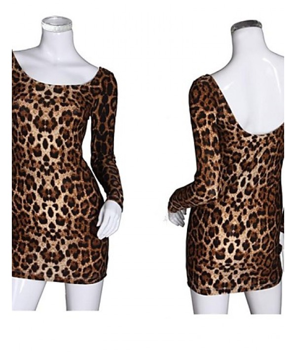 Women's Club Sexy Bodycon Dress,Leopard U Neck Mini Long Sleeve Brown Cotton / Modal / Spandex Summer Mid Rise Stretchy Opaque / Thin